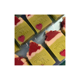 Grumpy Heifer bars, green soap with red heart tops, handmade grass-fed tallow soap by Tallowed Heifer