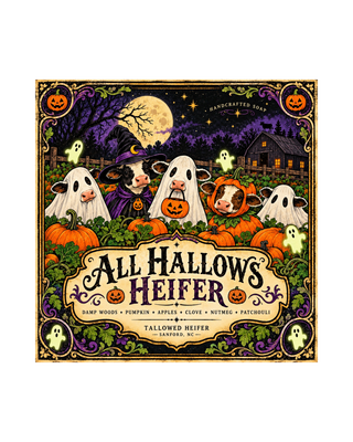 All Hallows Heifer label with ghost cows and pumpkins, handmade goat milk tallow soap by Tallowed Heifer