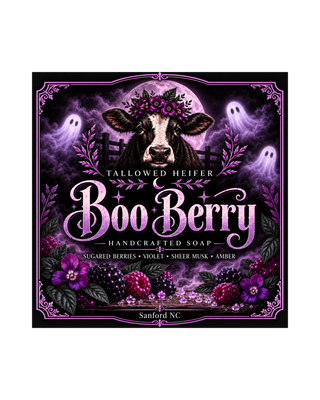 Boo Berry label with a cow, ghosts and berries on purple, handmade tallow soap by Tallowed Heifer