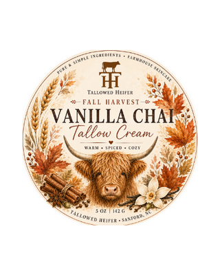 Fall Harvest Vanilla Chai Tallow Cream label with a Highland cow and autumn leaves, by Tallowed Heifer