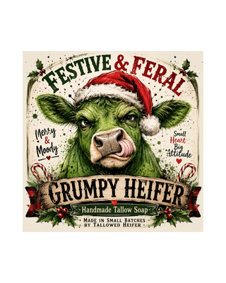 Grumpy Heifer Festive & Feral label with a grumpy cow in a Santa hat, handmade tallow soap by Tallowed Heifer