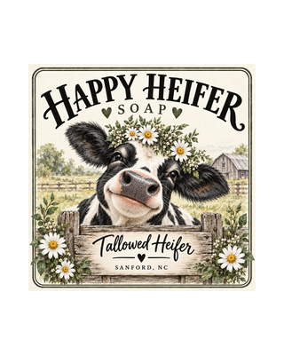 Happy Heifer Soap label with a smiling cow and daisies, handmade grass-fed tallow soap by Tallowed Heifer