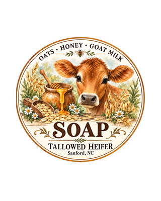 Honey Oat & Goat Milk Soap label with a calf, honey and oats, handmade tallow soap by Tallowed Heifer