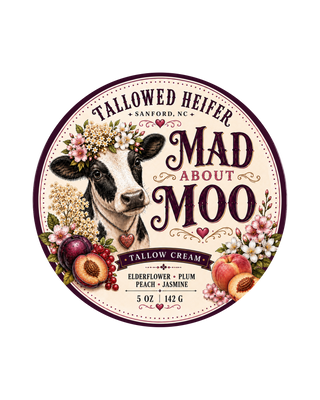 Mad About Moo Tallow Cream label with elderflower, plum and peach, handmade grass-fed tallow cream by Tallowed Heifer