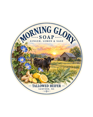 Morning Glory Sunrise Bar label with ginger, lemon and sage, handmade grass-fed tallow soap by Tallowed Heifer