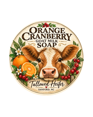 Orange Cranberry Goat Milk Soap label with a cow, oranges and cranberries, handmade tallow soap by Tallowed Heifer