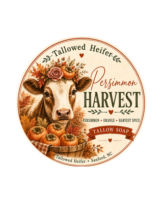 Persimmon Harvest label with a cow and persimmons, handmade grass-fed tallow soap by Tallowed Heifer