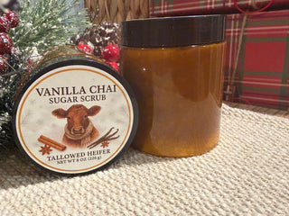 Vanilla Chai Sugar Scrub - Winter Warmth Body Polish, grass-fed tallow sugar scrub, view 2 — Tallowed Heifer